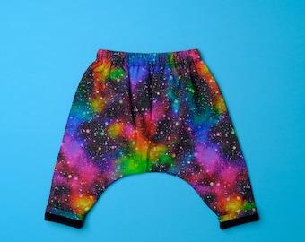 Cool Baby Childrens Harem Pant Trouser Colourful Rainbow Galaxy Space Digital Print 100% Cotton + Jersey Lined Fabric - Prodigy Rave Pant