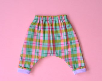 Cool Indie Brand Baby Kids Harem Pant Trouser Pink Lilac Colourful Pastel Tartan Check 100% Cotton Jersey Lining - Electric Picnic Pant