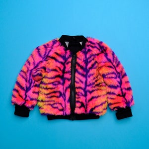 Cool Indie Baby Kids Faux Fur Coat Bomber Jacket Unisex NonGendered Neon Rainbow Tiger Fur Soft Cosy Luxury