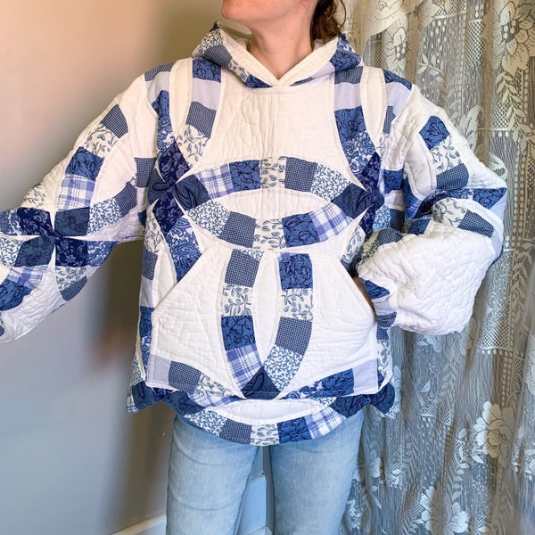Handmade Patchwork Blue Double Wedding Ring Quilt Hoodie