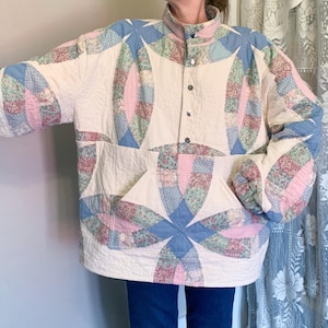 Handmade Quilt Pullover - made from a vintage wedding ring quilt blue pink floral women’s oversized sweatshirt / one of a kind
