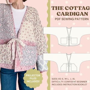 May include: A patchwork cardigan in pink, grey, and cream with a tie closure. The image includes a sewing pattern diagram and text that reads "The Cottage Cardigan PDF Sewing Pattern". The pattern includes sizes XS-XL and is for confident beginners.