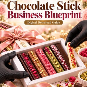May include: A digital download guide titled Chocolate Stick Business Blueprint featuring a white box filled with rectangular chocolate sticks topped with nuts and berries, accented by a pink ribbon and a gift tag with a leaf illustration.