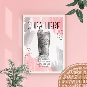 DIGITAL | Cuba Libre recipe Printable, Cocktail Recipe, Drinks Recipe, Kitchen art, cocktail art, wine lovers art, hand drawn wall art