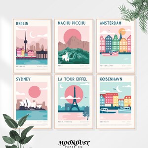 DIGITAL | SET OF 6 | Travel Exhibition Prints, Travel Poster, Travel Print, Wall Art, danish pastels, dorm room printables, printable set
