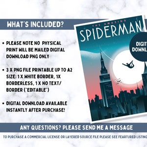 K&ouml;nnte beinhalten: Ein digitaler Download-Poster mit einem Retro-Design, das Spider-Man zeigt, der &uuml;ber eine Stadt fliegt. Der Poster enth&auml;lt die Worte "THE AMAZING SPIDERMAN" und ein digitales Download-Abzeichen. Das Bild ist bis zu A2-Gr&ouml;&szlig;e druckbar.
