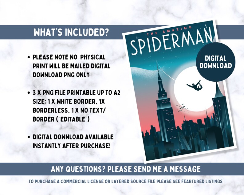 K&ouml;nnte beinhalten: Ein digitaler Download-Poster mit einem Retro-Design, das Spider-Man zeigt, der &uuml;ber eine Stadt fliegt. Der Poster enth&auml;lt die Worte "THE AMAZING SPIDERMAN" und ein digitales Download-Abzeichen. Das Bild ist bis zu A2-Gr&ouml;&szlig;e druckbar.