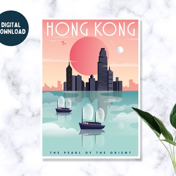 DIGITAL | Hong Kong print, Hong Kong skyline print, Hong Kong wall art, Hong Kong poster, travel poster, travel gift, Pearl of the orient,