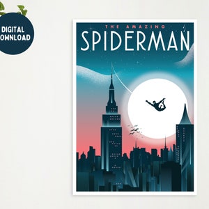 K&ouml;nnte beinhalten: Digitaler Download-Poster mit einer stilisierten Stadtlandschaft mit dem Text "THE AMAZING SPIDERMAN". Das Kunstwerk zeigt eine Silhouette, die vor einem gro&szlig;en Mond schwingt, mit einem t&uuml;rkis-rosa Farbverlaufshimmel.
