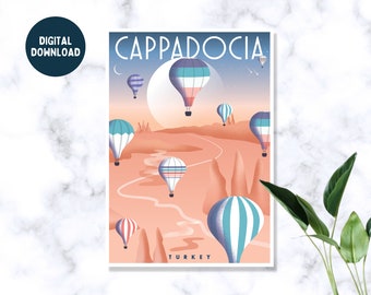 DIGITAL | Cappadocia Print, Turkey Poster, Moon Print, Unique Wall Art, hot air balloon print, Minimal Home Decor, City Landmark Prints