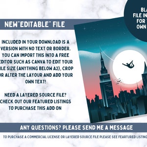 K&ouml;nnte beinhalten: Digitaler Kunstdruck mit einer Silhouette eines Fallschirmspringers &uuml;ber einer n&auml;chtlichen Stadtlandschaft. Das Kunstwerk enth&auml;lt einen gro&szlig;en Mond, V&ouml;gel und den Text "NEW EDITABLE FILE" und "BLANK FILE INCLUDED FOR YOUR OWN EDITS".