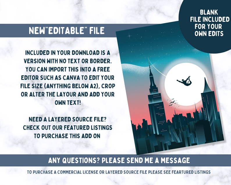K&ouml;nnte beinhalten: Digitaler Kunstdruck mit einer Silhouette eines Fallschirmspringers &uuml;ber einer n&auml;chtlichen Stadtlandschaft. Das Kunstwerk enth&auml;lt einen gro&szlig;en Mond, V&ouml;gel und den Text "NEW EDITABLE FILE" und "BLANK FILE INCLUDED FOR YOUR OWN EDITS".