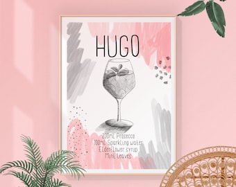 DIGITAL | Hugo Rezept Printable, Abstrakter Druck,Cocktail Rezept,Getränke Rezept,Küchenkunst,Cocktail Kunst,Weinliebhaber Kunst,handgezeichnete Wandkunst