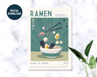 DIGITAL | Ramen exhibition poster, danish pastels, food print, food gift, modern kitchen poster, Japanese print