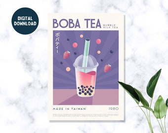 DIGITALE | Boba Tee Ausstellung Poster, Bubble Tee Druck, dänische Pastell, Essen Druck, Küche Kunst, japanisches Poster