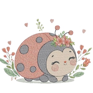 May include: A cute cartoon ladybug with a smiling face, wearing a floral crown, and surrounded by flowers and leaves. The ladybug has a red and gray body with black spots. Hearts float in the background.