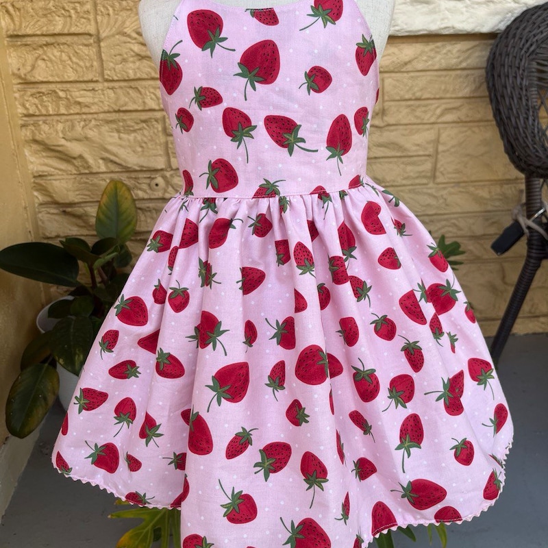2 Piece Girls Strawberry Denim Dress w/Hat