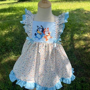 Bluey Bingo dog inspired dress for girl,toddler dress, doggy sister inspired dress,baby dress, blue floral  dress, Bluey Bingo dress
