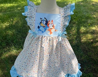 Blue Bin dog inspired dress for girl,toddler dress, doggy sister inspired dress,baby dress, blue floral  dress, Blue Bin dress