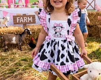 Handmade Woven Cotton Cow Dress, Baby Girl Farm Outfit, Toddler Costume
