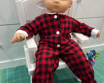 Bitty baby,doll pjs night,pajamas ,doll footed pajamas,fit to 14-15 inch doll,Bitty Twins,Corolle 14 inch. Red and black bufalo plaid