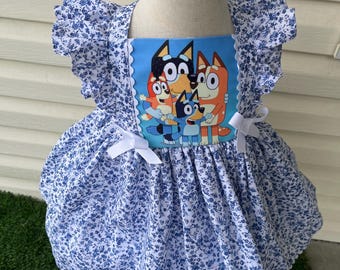 Blue dog inspired dress for girl,toddler dress, doggy sister inspired dress,baby dress, blue floral  dress,family Blue Bing  dress