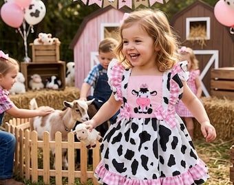Handmade Cow Dress, Woven Cotton Toddler Outfit, Farm Theme Party Wear