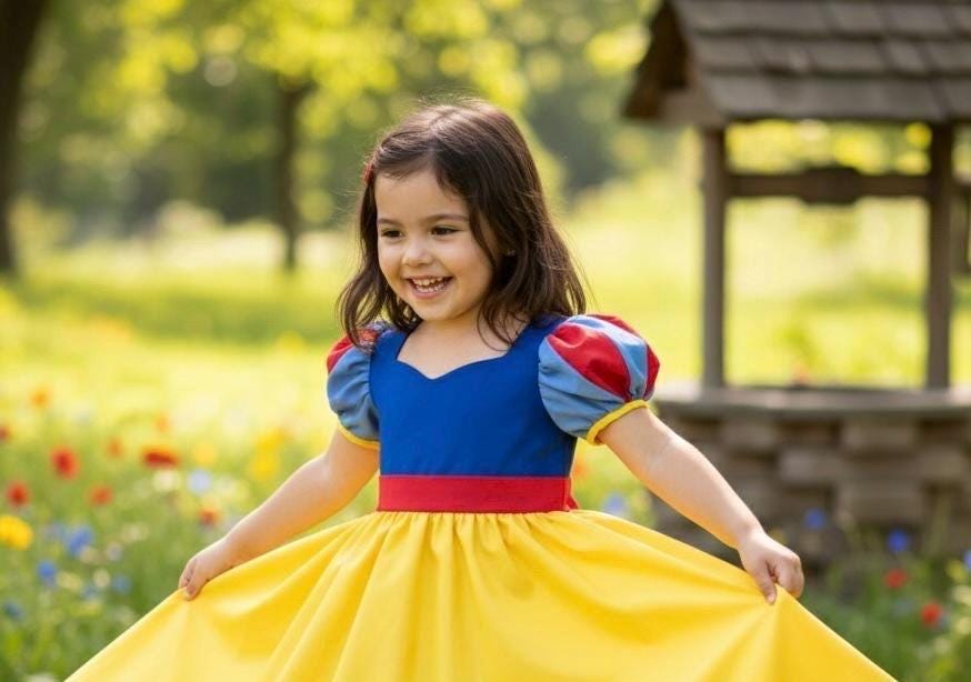 snow white toddler dress Up Costume for Infants Topped off with a red and blue cape and red bow head band Little Adventures Deluxe Snow White