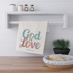 Op geloof geïnspireerde theedoeken, decor God is liefde, keukencadeau voor gelovigen, religieuze keukenhanddoeken, woondecoratie bijbelvers