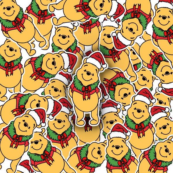 Winnie The Pooh Christmas Sticker - Santa Hat and Wreath
