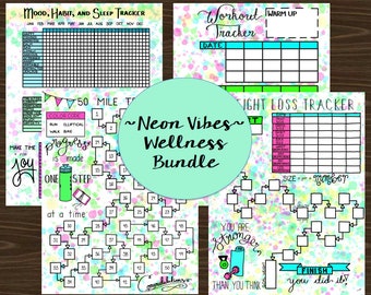 May include: A wellness bundle with neon-colored designs. The bundle includes trackers for mood, habits, sleep, workouts, and weight loss. The text "Neon Vibes Wellness Bundle" is in the center. The background has colorful paint splatters.
