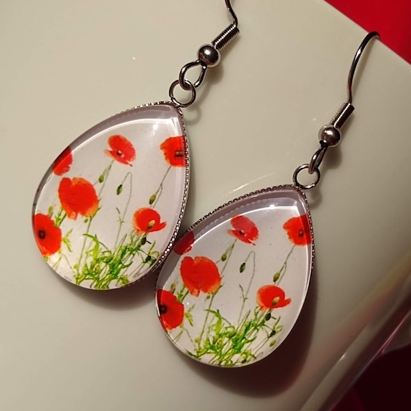 Bright Red Poppies in White Background Glass Statement Earrings Attractive Unique Floral Themed Gift Jewelry for Nature Lovers