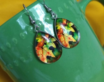 Colorful Autumn Maple Leaves Glass Hook Statement Earrings Attractive Fall Leaves Autumn Themed Gift Jewelry