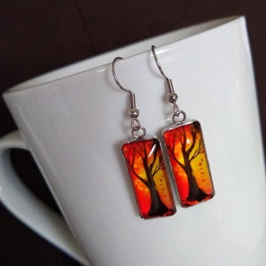 Tree in Autumn Oil Painting Inspired Glass Hook Statement Earrings Attractive Unique Fall Themed Gift Jewelry