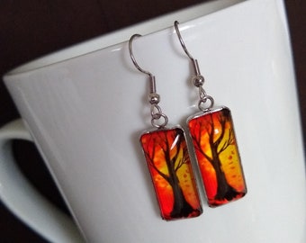 Tree in Autumn Oil Painting Inspired Glass Hook Statement Earrings Attractive Unique Fall Themed Gift Jewelry