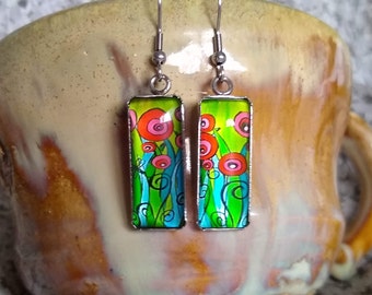 Bright Red Poppies in Grass Painting Watercolor Inspired Glass Hook Statement Earrings Attractive Unique Floral Themed Gift Jewelry