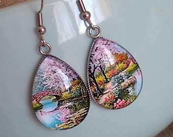 Famous Japanese Garden in Bloom by Sung Kim Oil Painting Inspired Glass Hook Statement Earrings Perfect Gift Jewelry for Artists