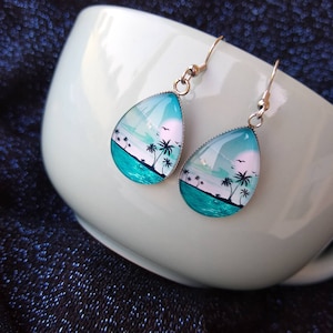 Coconut Trees Silhouette in Ocean backdrop Painting Inspired Glass Artistic Statement Earrings Ocean Themed Gift Jewelry
