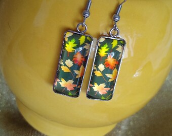 Colorful Autumn Maple Leaves Glass Hook Statement Earrings Attractive Fall Leaves Unique Autumn Themed Gift Jewelry