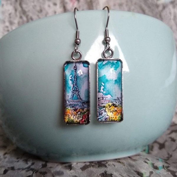 Eiffel Tower Themed Earrings Paris City of Romance Painting Watercolor Inspired Glass Statement Earrings Attractive Unique Gift Jewelry