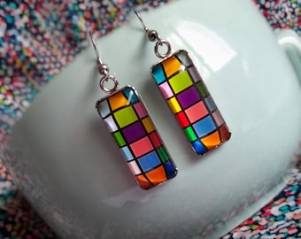 Checkerboard Earrings Art Deco Themed Mosaic Vibrant Coloful Glass Hook Statement Earrings Geometic Design Gift Jewelry