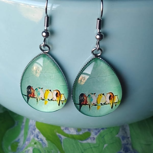 Birds On a Wire Lovely Birds of Different Colors & Sizes Glass Earrings Bird Themed Gift Jewelry for Nature Lovers And Bird Lovers