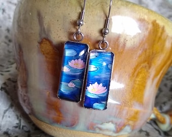Claude Monet Inspired Water Lilies earrings Impressionist Painting Glass Hook Statement Earrings Art Nouveau Gift Jewelry