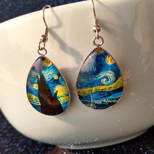 Vincent Van Gogh Starry Night Earrings Glass Boho Art Nouveau Statement Earrings Perfect Gift for an Artist Unique Chic