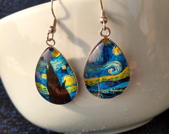 Vincent Van Gogh Starry Night Earrings Glass Boho Art Nouveau Statement Earrings Perfect Gift for an Artist Unique Chic