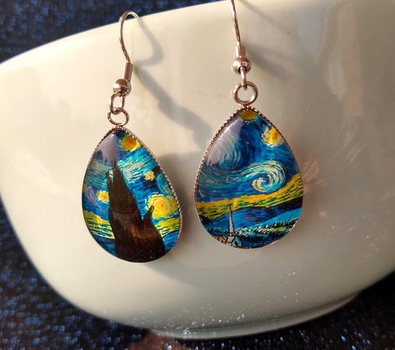 Handmade Van Gogh Starry Night Earrings – Glass Rectangle, Boho Art Nouveau Style