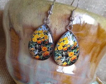 Vibrant Yellow Roses Glass Hook Statement Earrings Attractive Vintage Floral Themed Gift Jewelry for Artists And Nature Lovers