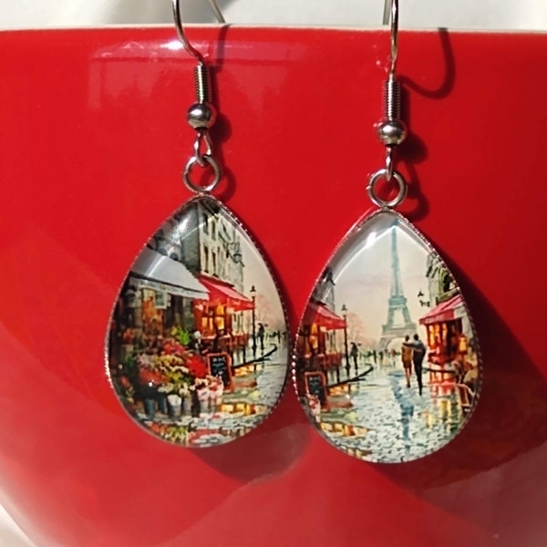 Paris Street View of Eiffel Tower Watercolor Painting Inspired Glass Earrings City of Romance Inspired Attractive Unique Gift Jewelry