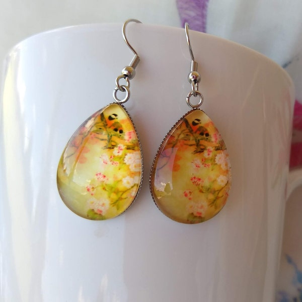 Robins among Cherry Blossom Japanese Painting Inspired Glass Earrings Floral & Bird Themed Gift Jewelry for Nature and Bird Lovers