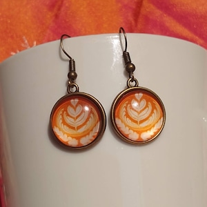 Spiced Latte Coffee Cream Art Small Rosetta Art Dangle Glass Earrings Coffee Themed Gift Jewelry Perfect Gift for Coffee Lovers